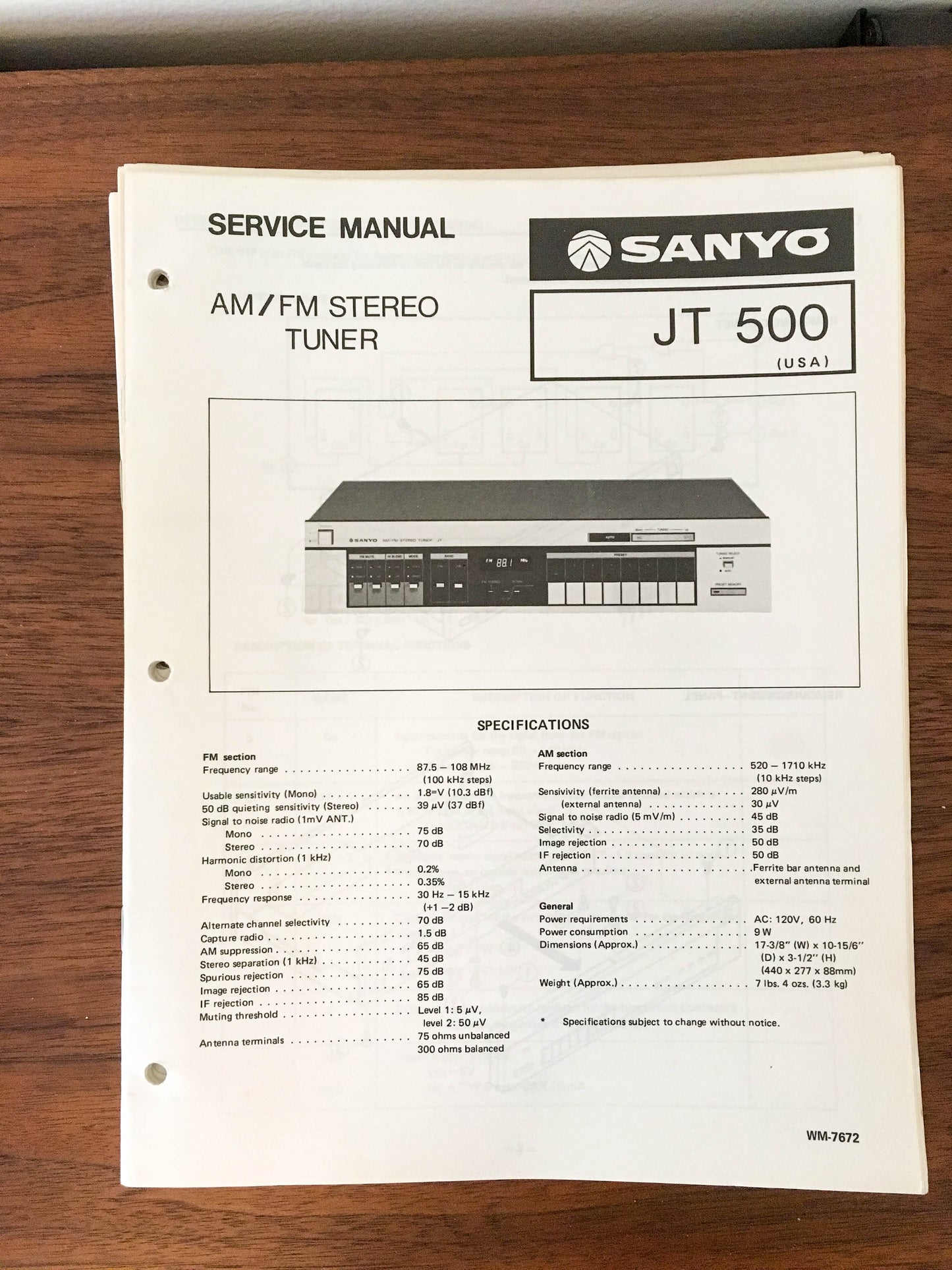 Sanyo JT 500 Tuner Service Manual *Original*
