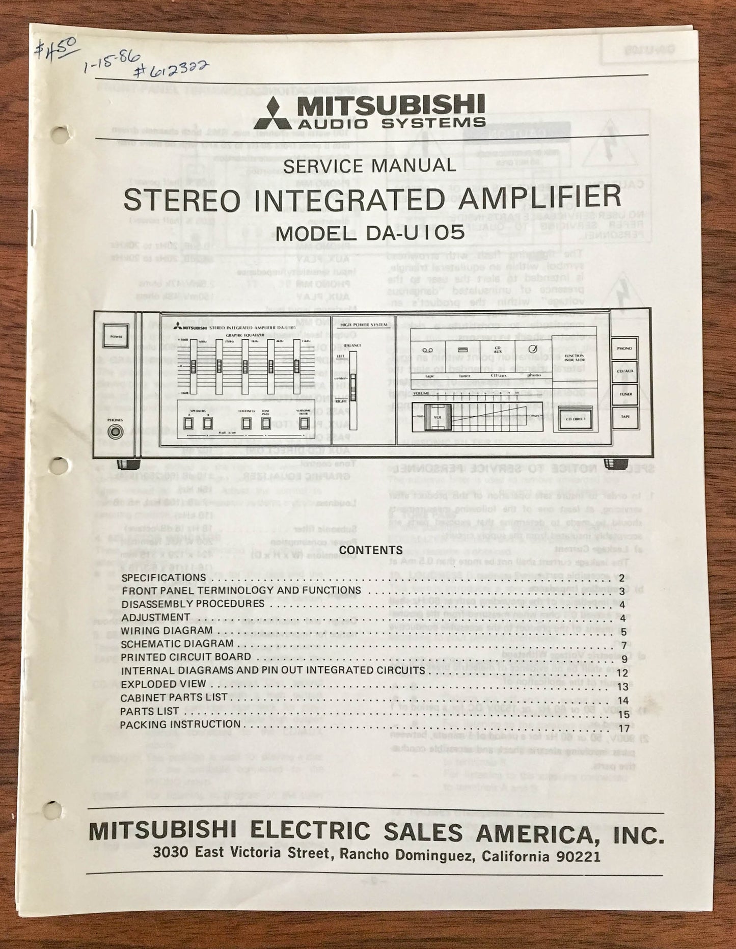 Mitsubishi DA-U105 Stereo Amplifier Service Manual *Original* #2