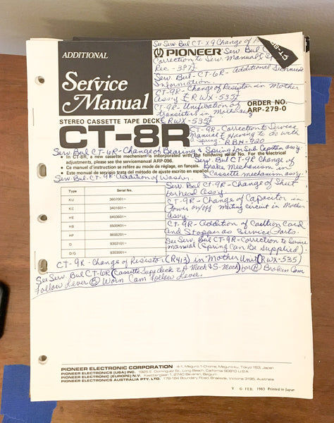 Pioneer CT-8R Cassette  Service Manual *Original* #1