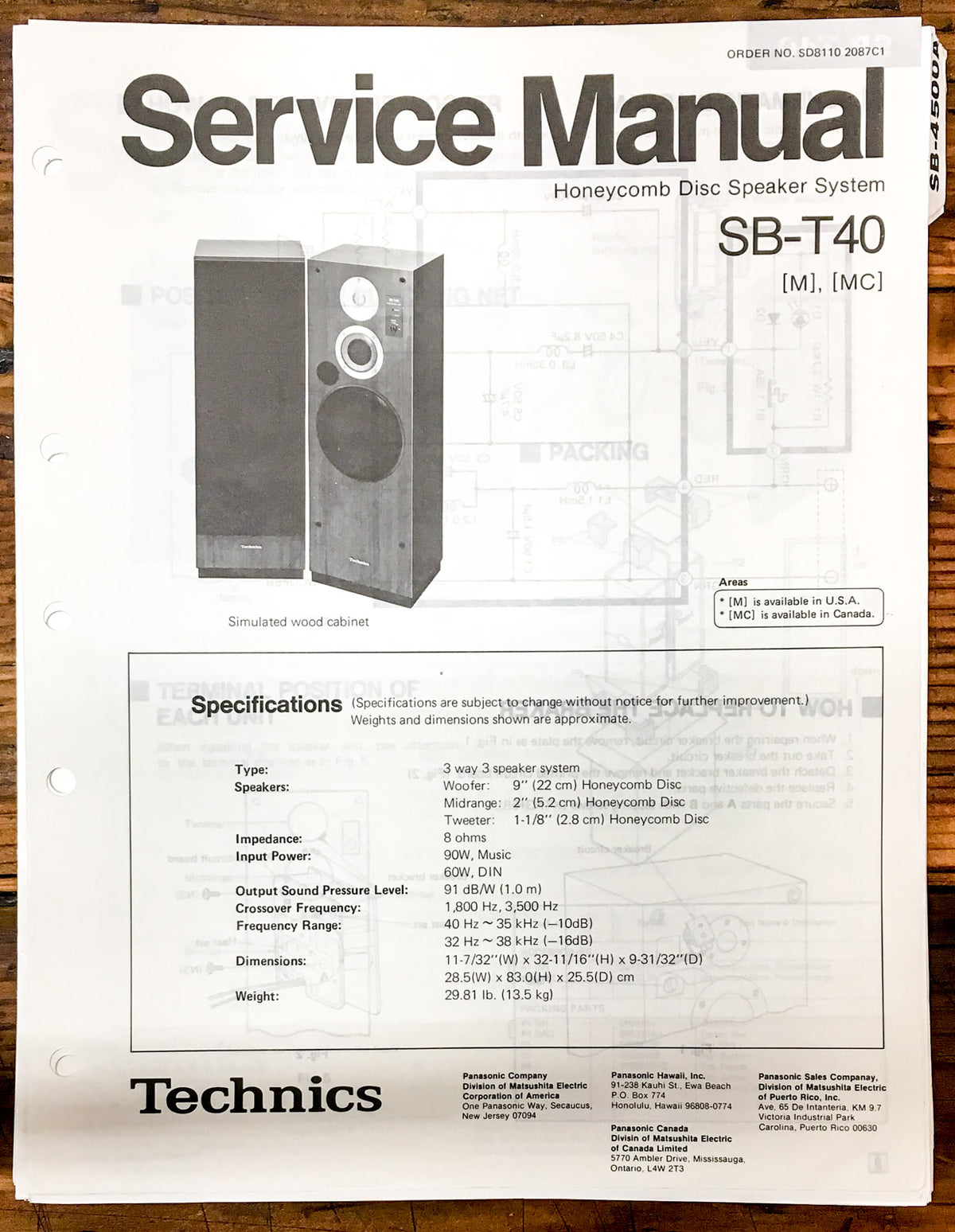 Technics SB-T40 Speaker  Service Manual *Original*