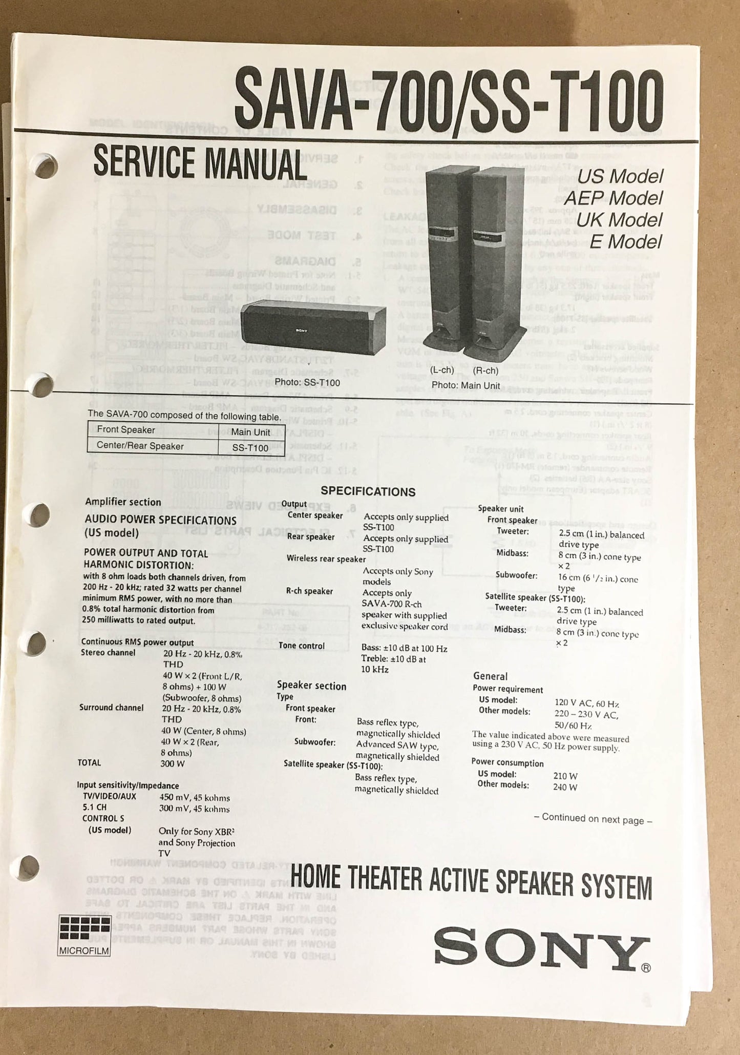Sony SAVA-700 SS-T100 Speaker System  Service Manual *Original*