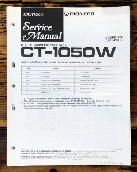 Pioneer CT-1050W Cassette Add. Service Manual *Original*