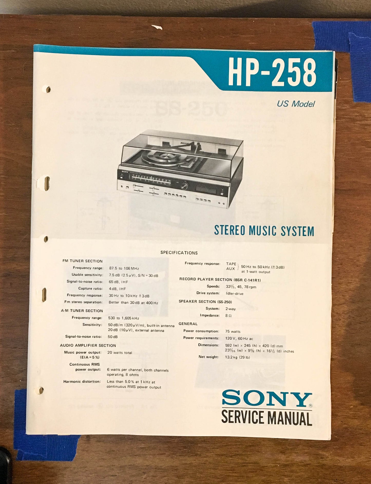 Sony HP-258 Stereo Music System Service Manual *Original*