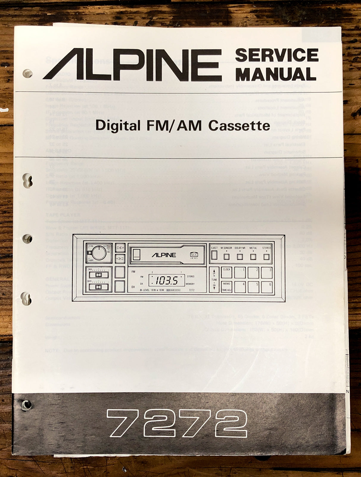 Alpine Model 7272 Car Stereo  Service Manual *Original*