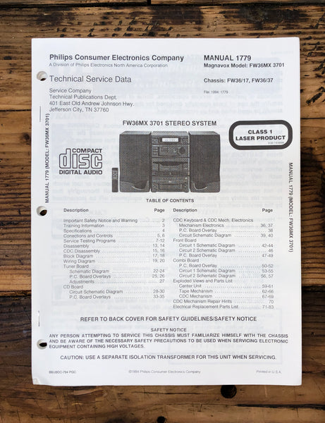 Magnavox FW36MX  Stereo  Service Manual *Original*