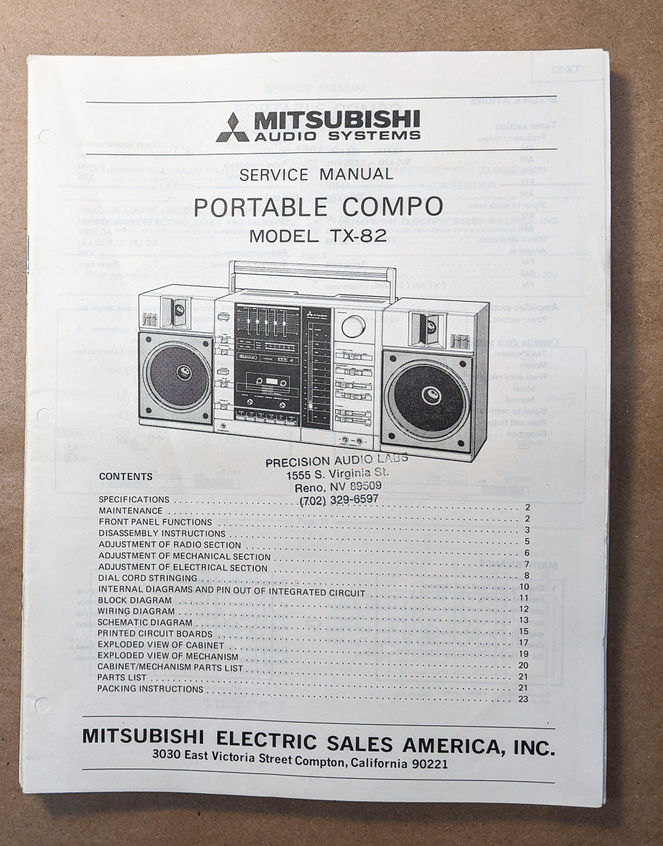 Mitsubishi TX-82 Portable Stereo Service Manual *Original*