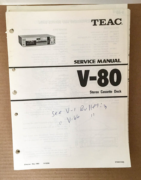 Teac V-80 Stereo Cassette Deck Service Manual *Original*