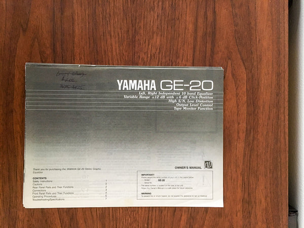 Yamaha GE-20 Equalizer Owners / Instruction Manual *Original*
