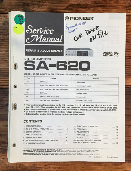 Pioneer SA-620 Amplifier  Service Manual *Original*