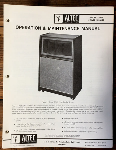 Altec Model 1205A Speaker Owner / Operating Manual *Original*