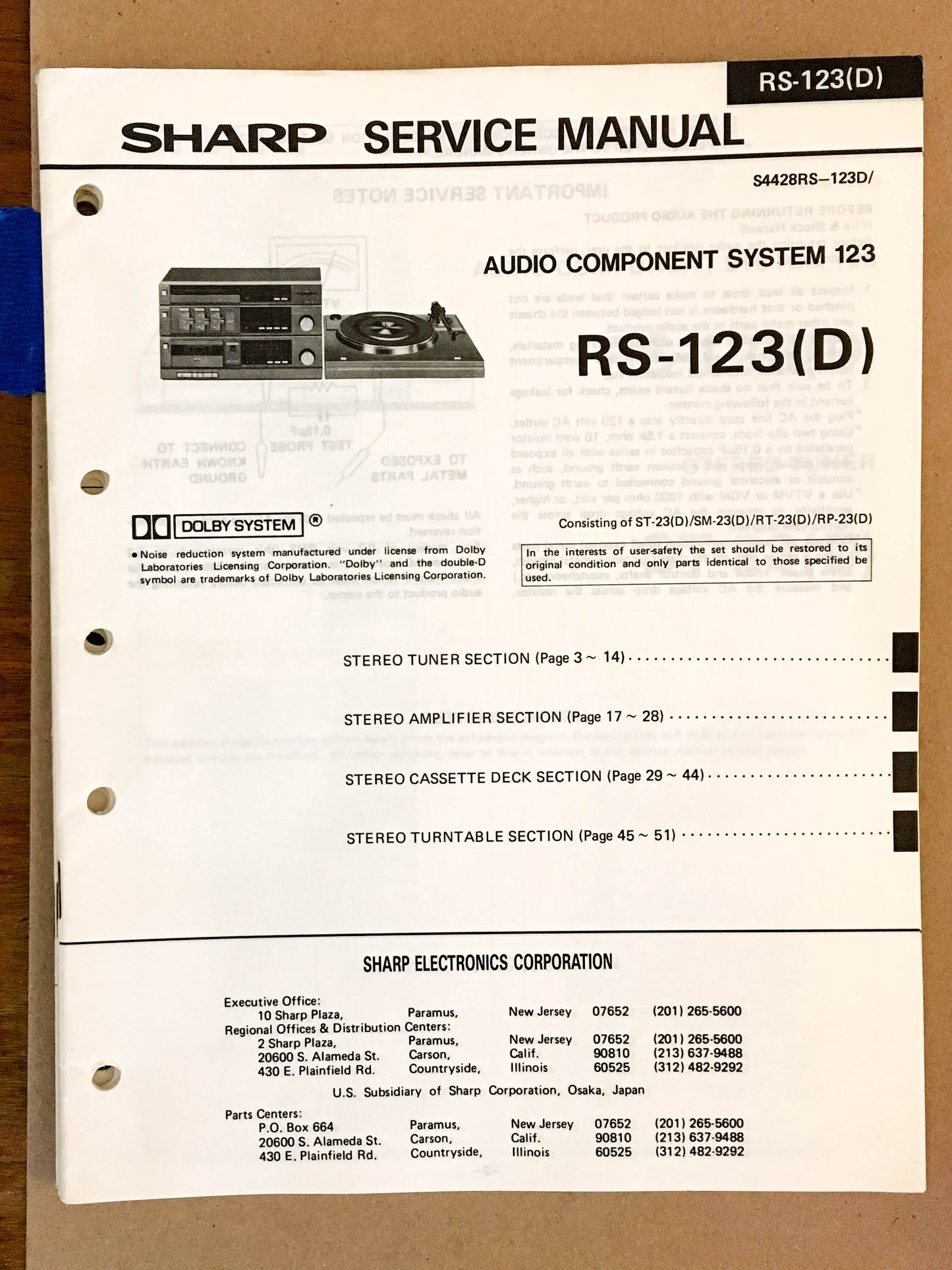 Sharp RS-123 123D Audio Component  Service Manual *Original*