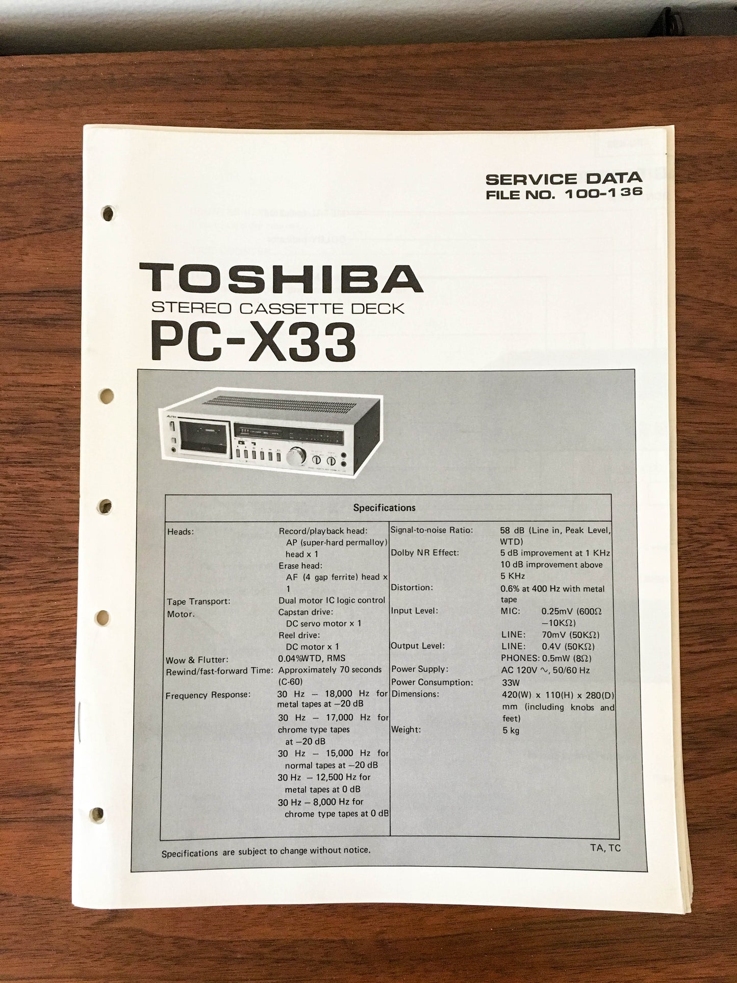 Toshiba PC-X33 Cassette Deck Service Manual *Original*