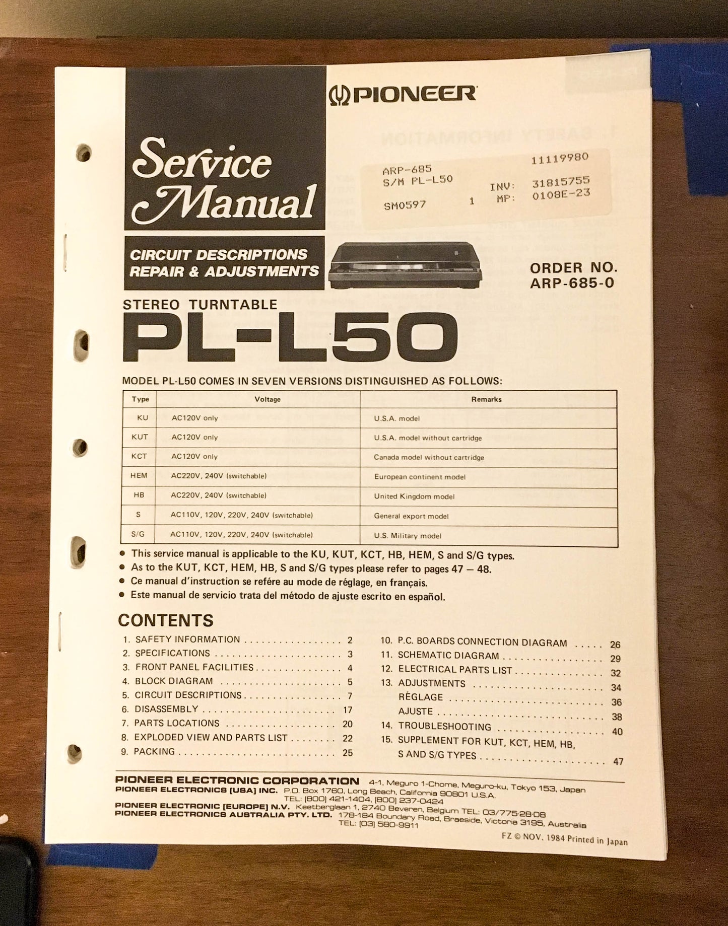 Pioneer PL-L50 Turntable / Record Player Service Manual *Original*