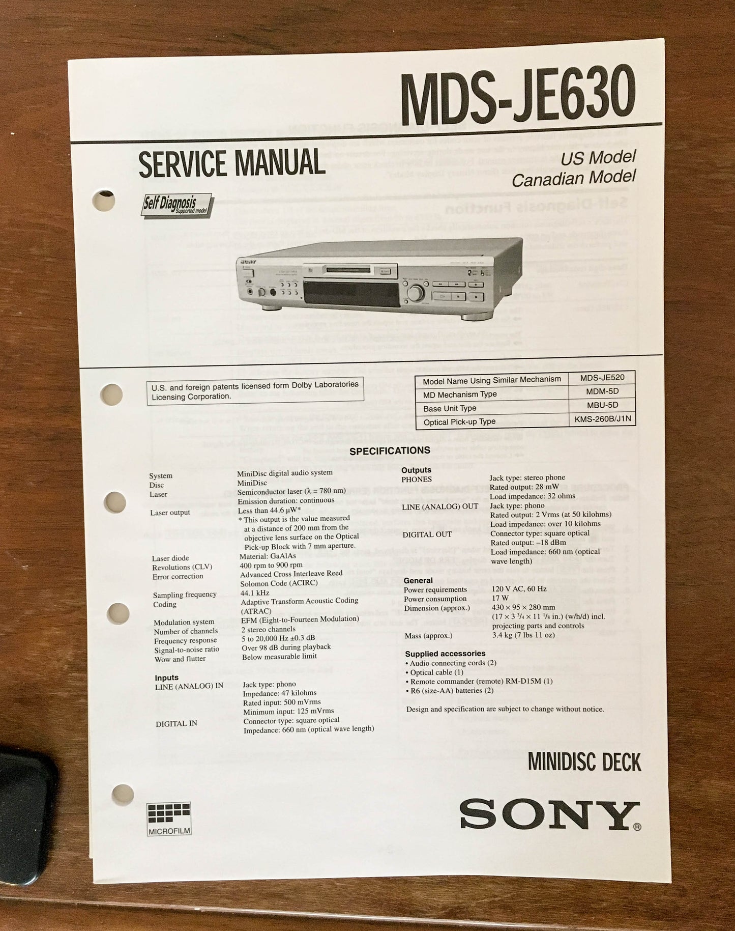 Sony MDS-JE630 MD Mini Disc  Service Manual *Original*