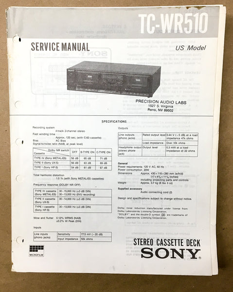 Sony TC-WR510 Cassette Service Manual *Original*