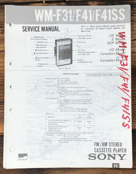 Sony WM-F31 WM-F41 WM-F41SS Cassette Player  Service Manual *Original*