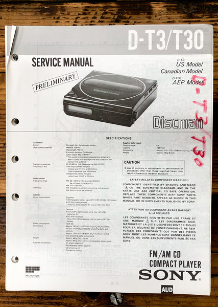 Sony D-T3 D-T30 CD Player / Discman Prelim. Service Manual *Original*