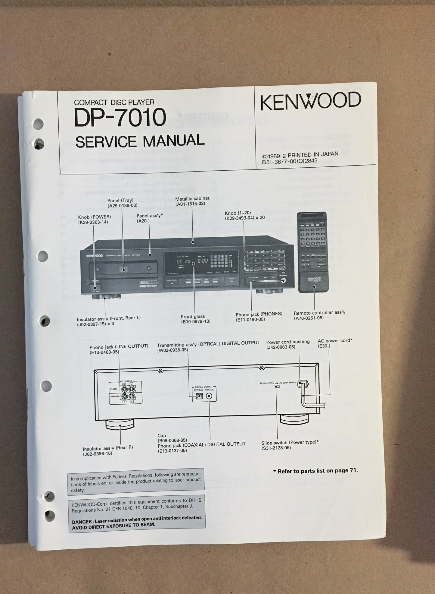 Kenwood DP-7010 CD Player  Service Manual *Original*