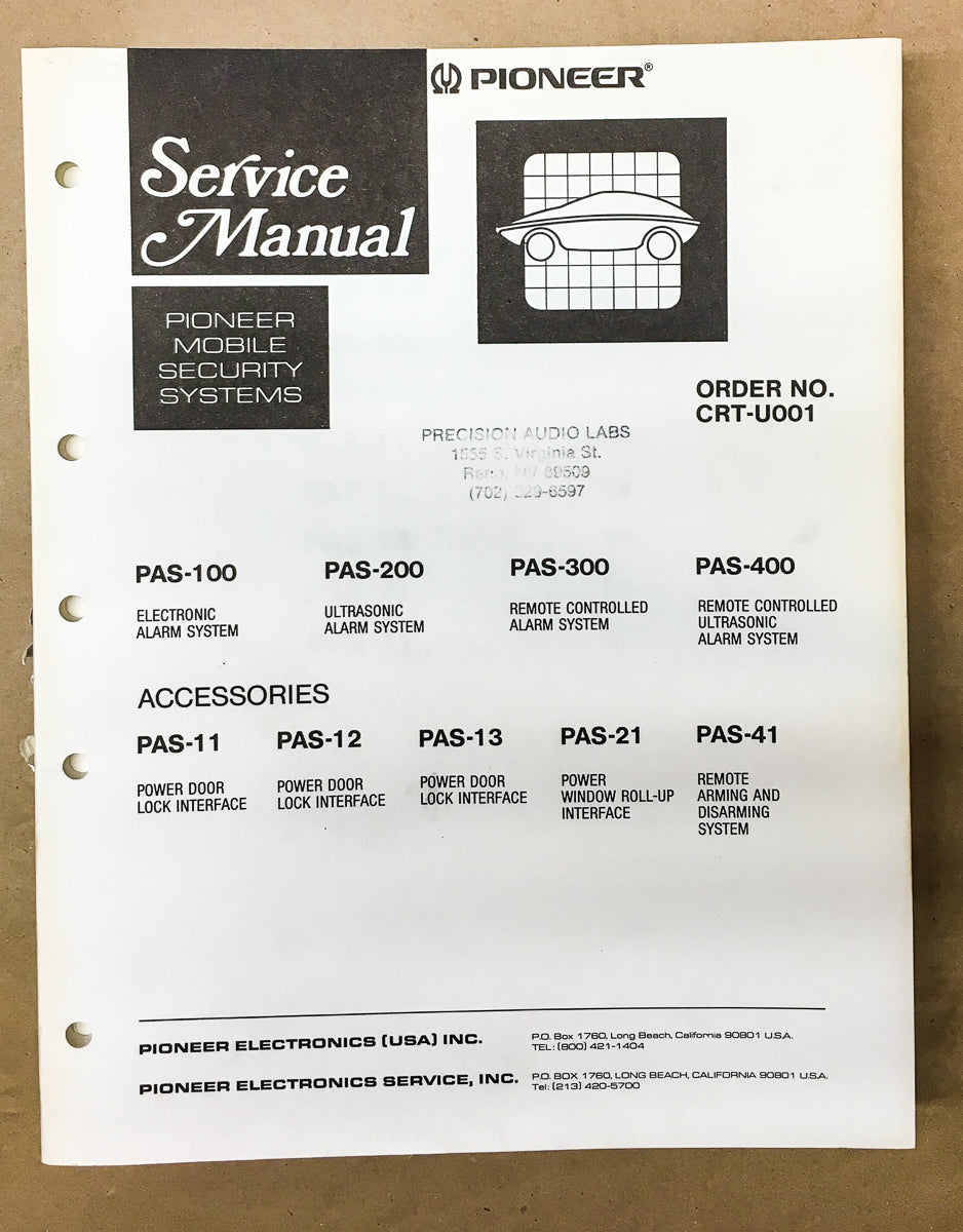 Pioneer PAS-100 -200 -300 -400  Mobile Car Security Service Manual *Original*