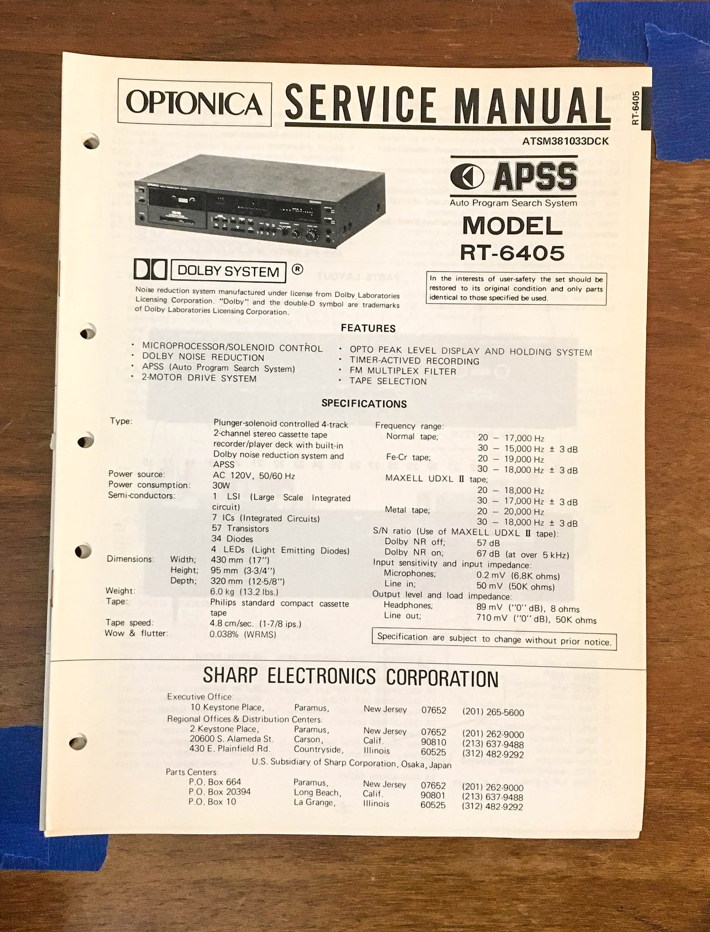 Sharp RT-6405 Cassette Tape Recorder Service Manual *Original*