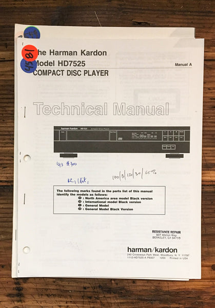 Harman Kardon 7525 HD-7525 CD Player  Service Manual *Original*