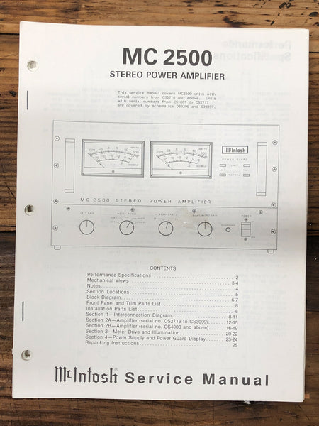 Mcintosh  MC-2500 MC2500 Amplifier  Service Manual *Original*