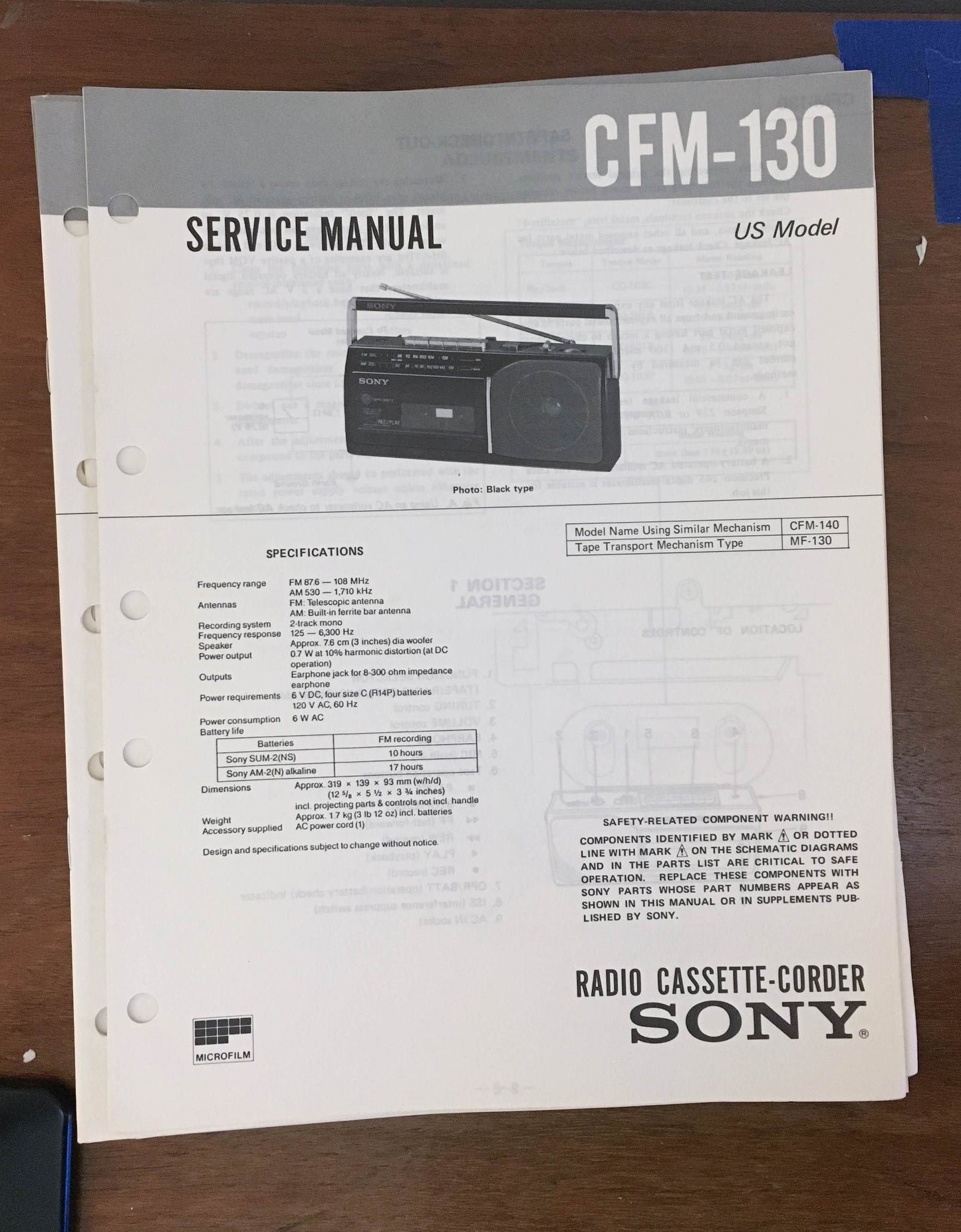 Sony CFM-130 Radio Cassette Recorder Service Manual *Original*