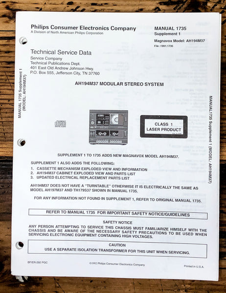 Magnavox Sylvania AH 194 M37 Stereo Service Manual Supp. 2 *Original*