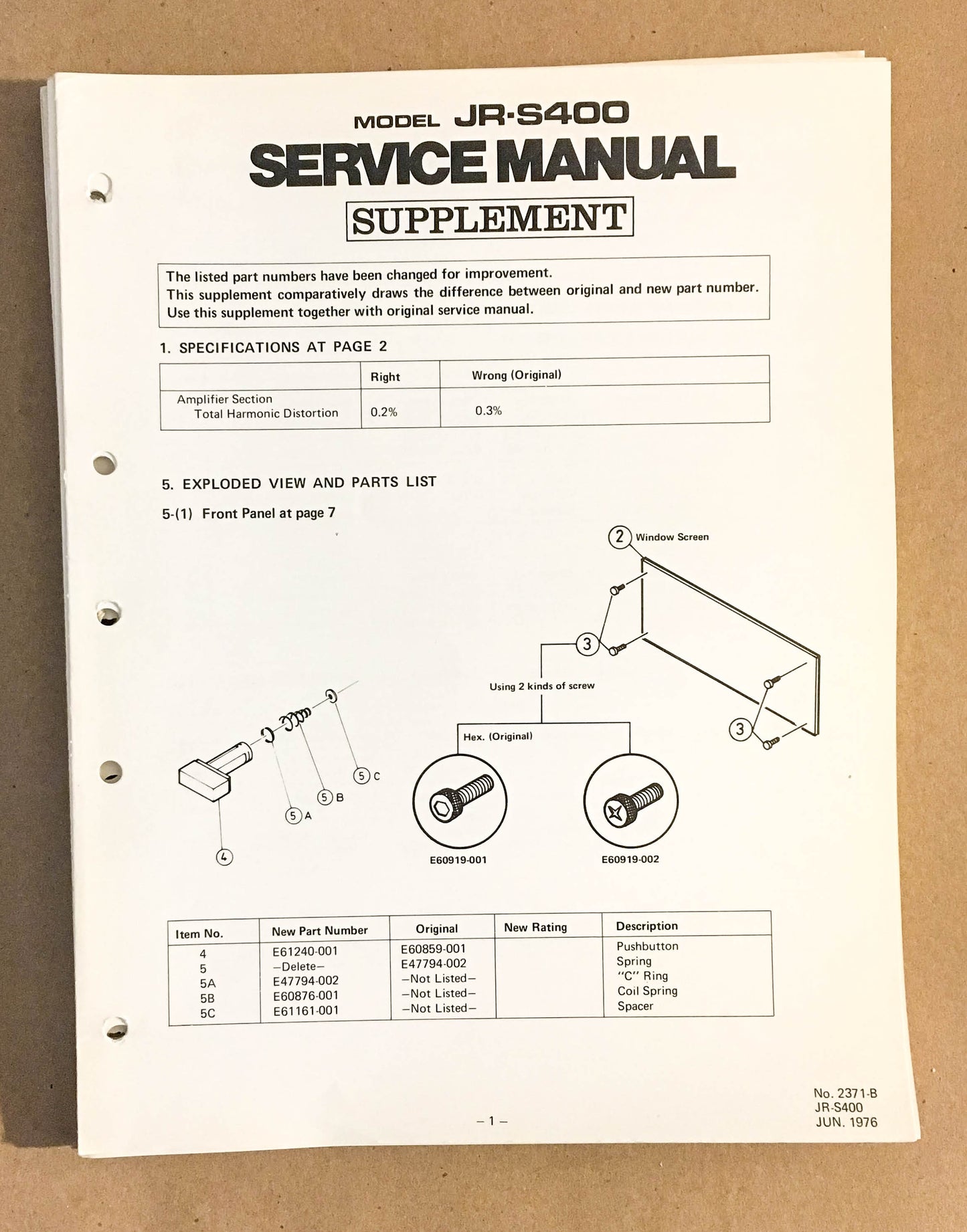 JVC JR-S400 Receiver  Service Manual SUPPLEMENT *Original*