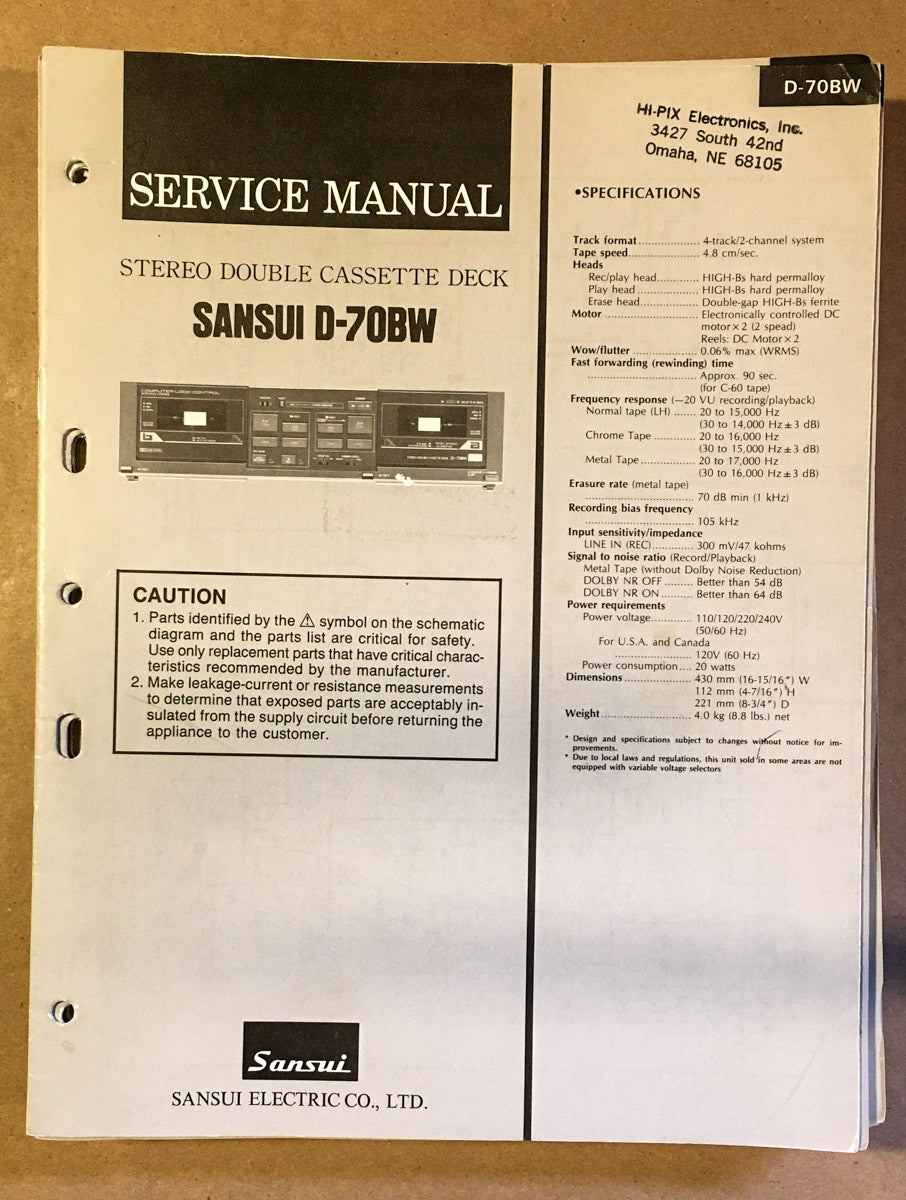 Sansui D-70BW Cassette / Tape Player Service Manual *Original*