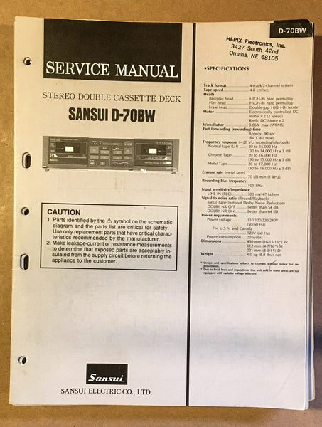 Sansui D-70BW Cassette / Tape Player Service Manual *Original*