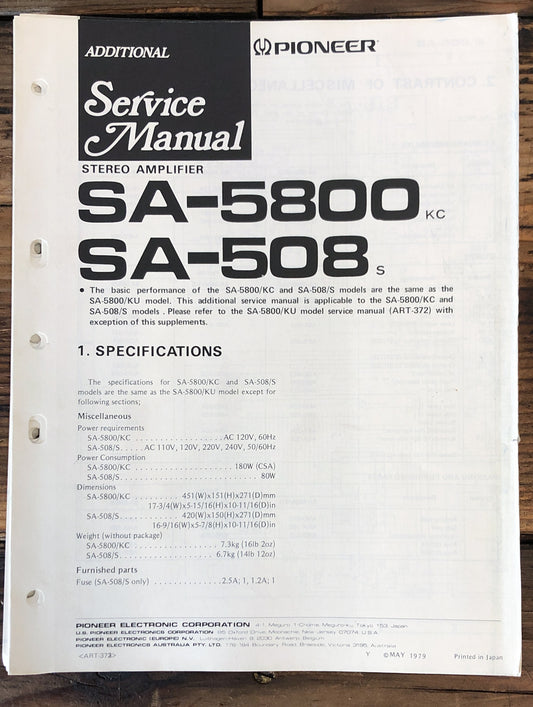 Pioneer SA-5800 SA-508 Amplifier Add. Service Manual *Original*