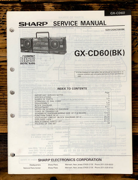 Sharp GX-CD60 Boombox / Radio Service Manual *Original*