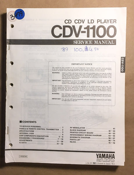 Yamaha CDV-1100 CD CDV LD Player  Service Manual *Original*