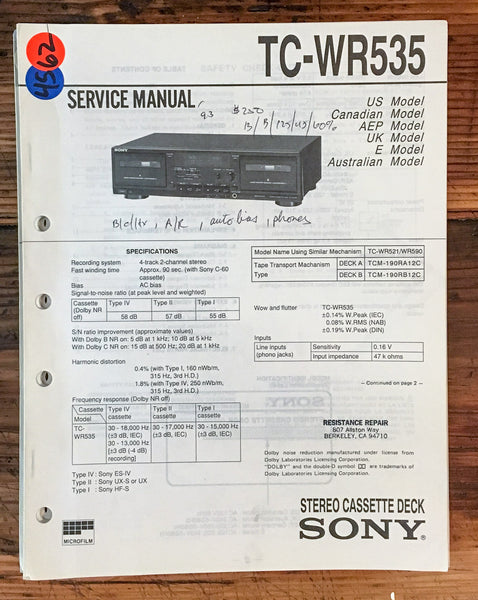 Sony TC-WR535 Cassette Deck  Service Manual *Original*