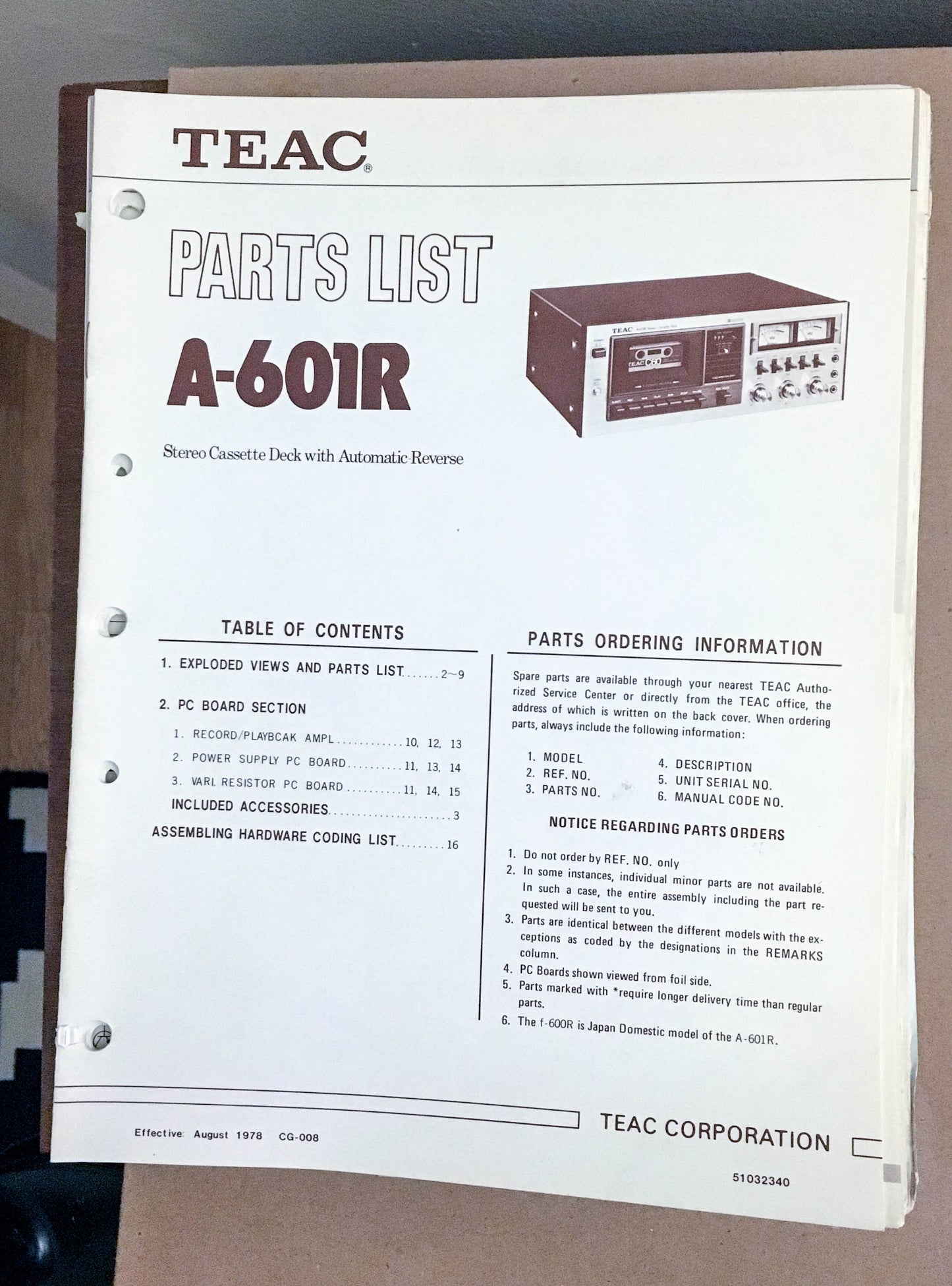 Teac A-601R Cassette Deck  Parts List *Original* #1