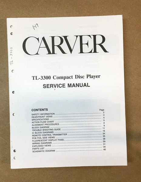 Carver TL-3300 CD Player  Service Manual *Original*