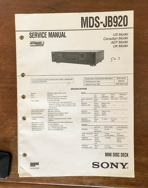 Sony MDS-JB920 MD Mini Disc  Service Manual *Original*