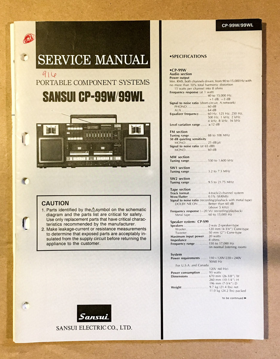 Sansui CP-99W CP-99WL Stereo Service Manual *Original*