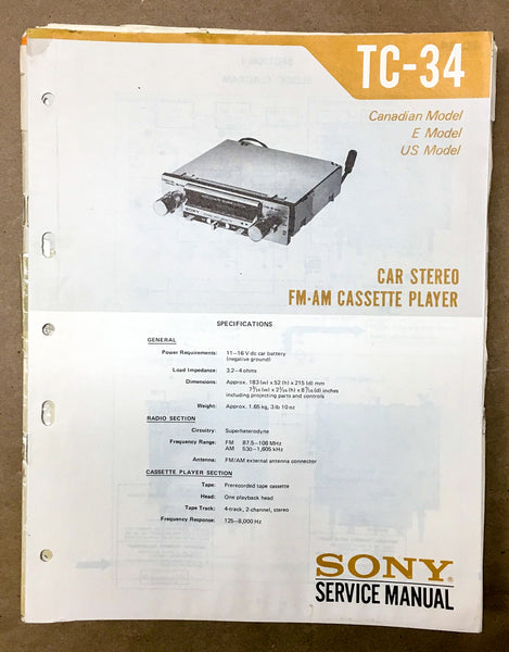 Sony TC-34 Cassette Tape Player Service Manual *Original*