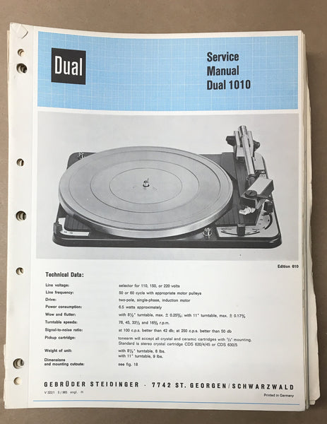 Dual Model 1010 Record Player / Turntable Service Manual *Original*