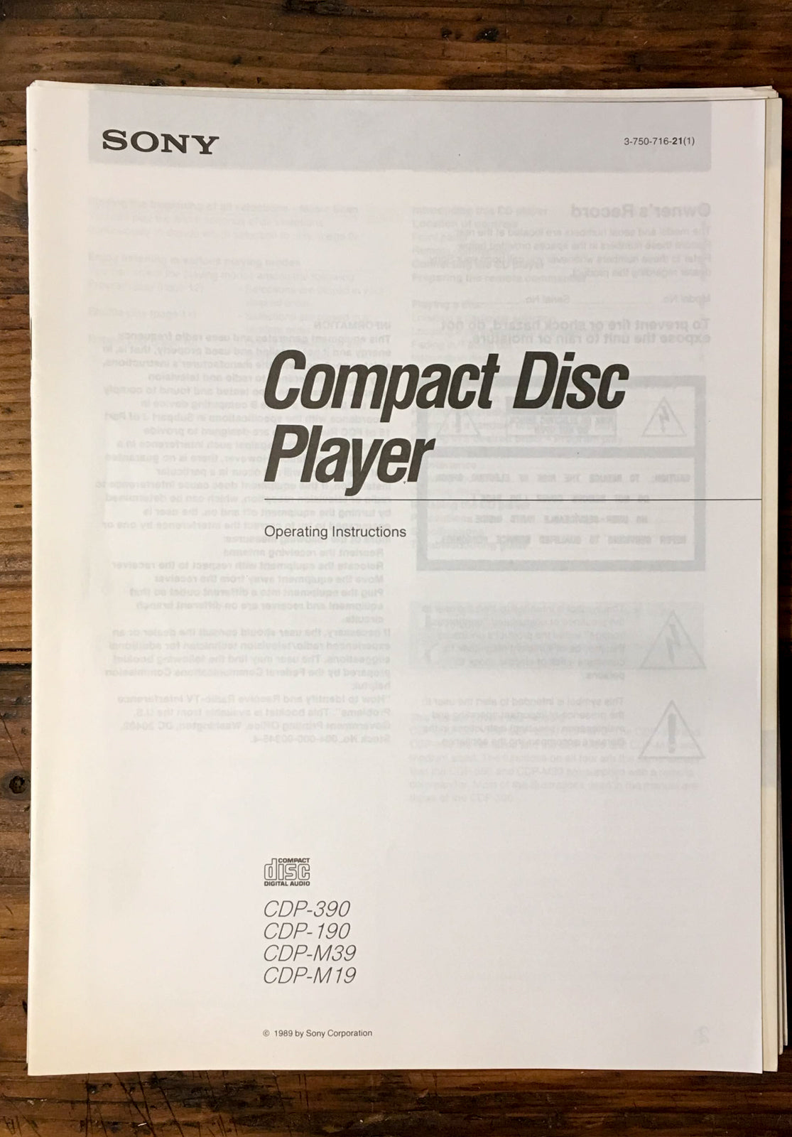 Sony CDP-190 -390 -M19 -M39 CD Player User / Owner Manual *Original*