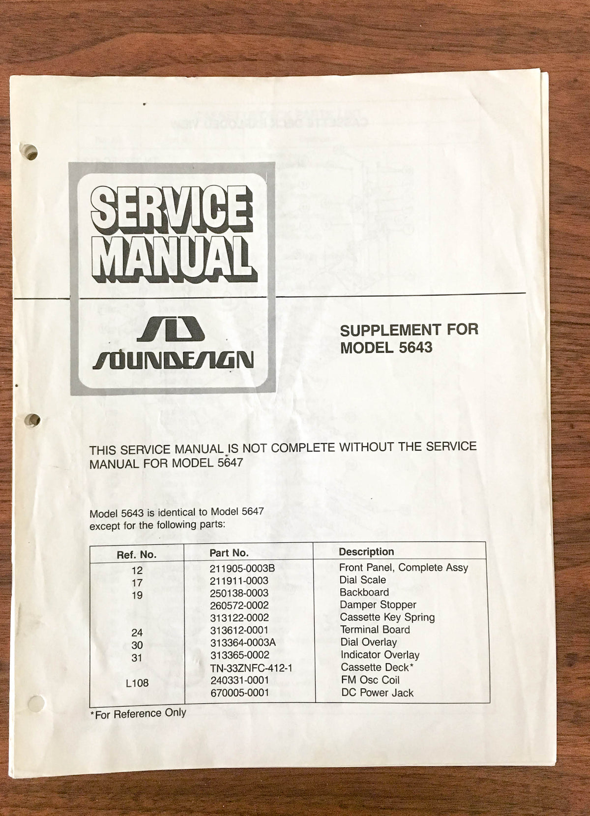 SoundDesign Sound Design Model 5643 Receiver Service Manual Supplement *Original