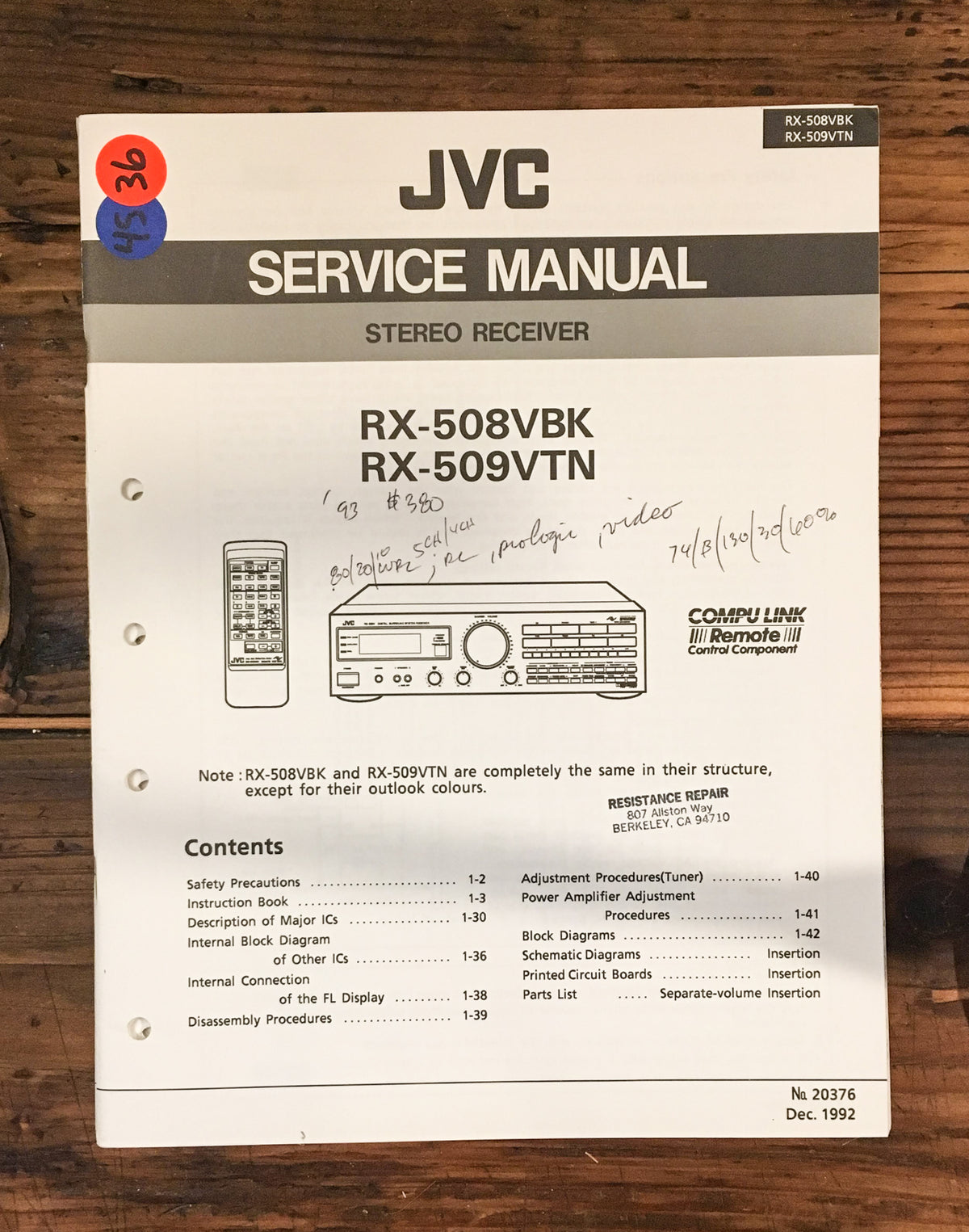 JVC RX-508 RX-509 VBK VTN Receiver Service Manual *Original*