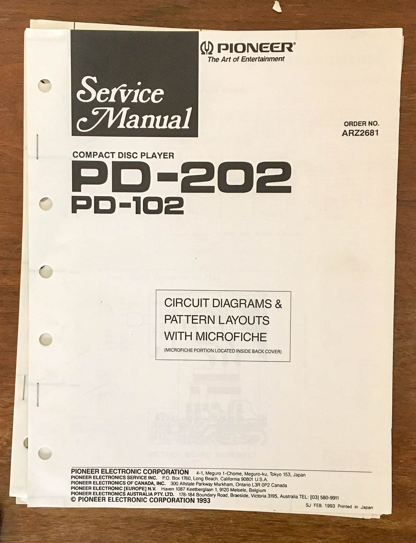 Pioneer PD-202 PD-102 CD Player Service Manual Notice *Original*