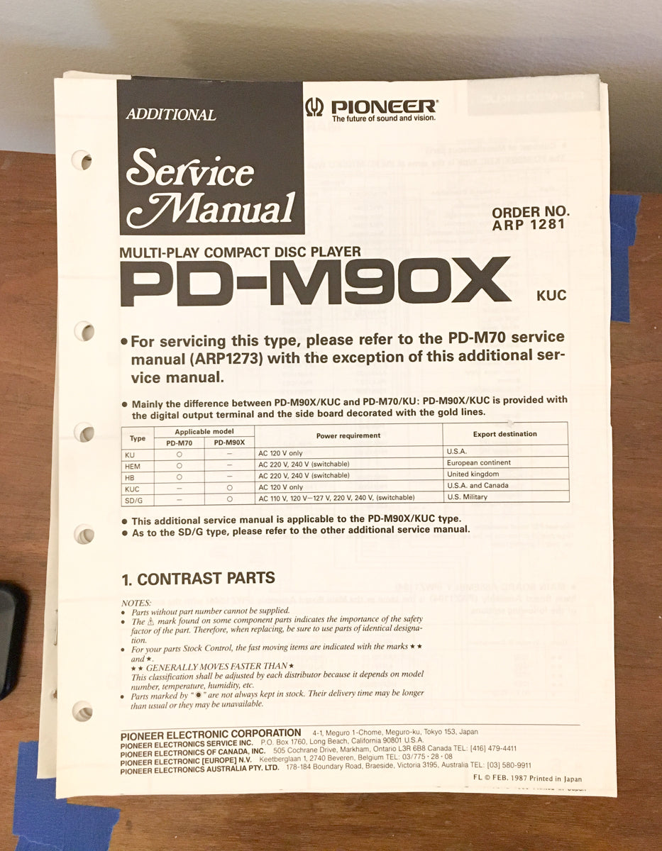 Pioneer PD-M90X CD Player Service Manual *Original*