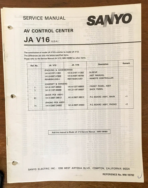 Sanyo JA V16 AV Control Center Service Manual *Original*