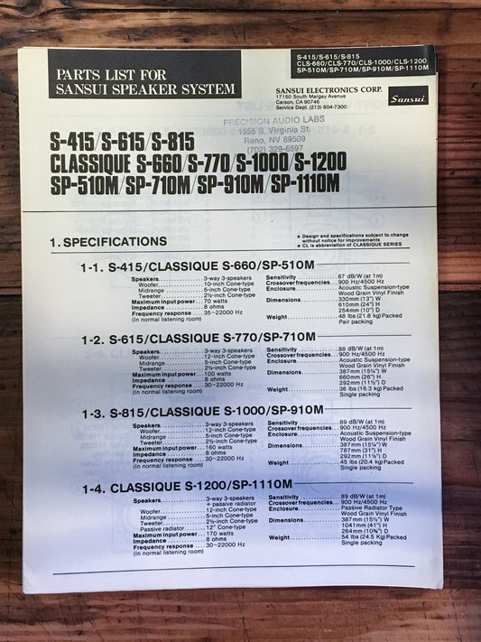 Sansui S-415 615 815 SP-1110M Speaker Parts List Manual *Original*
