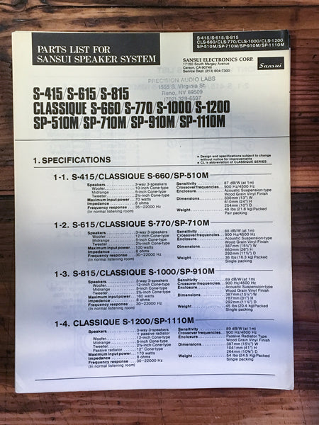 Sansui S-415 615 815 SP-1110M Speaker Parts List Manual *Original*