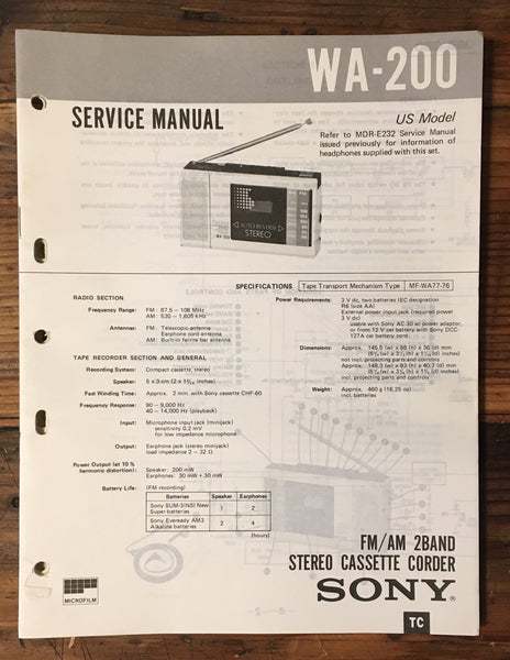 Sony WM-200 Cassette Service Manual *Original*